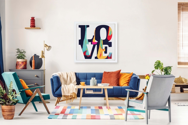 Colourful room set featuring art by Alex Echo