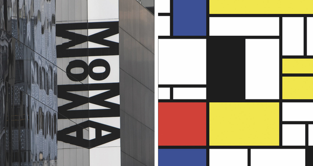 The MOMA sign and a Piet Mondrian artwork  